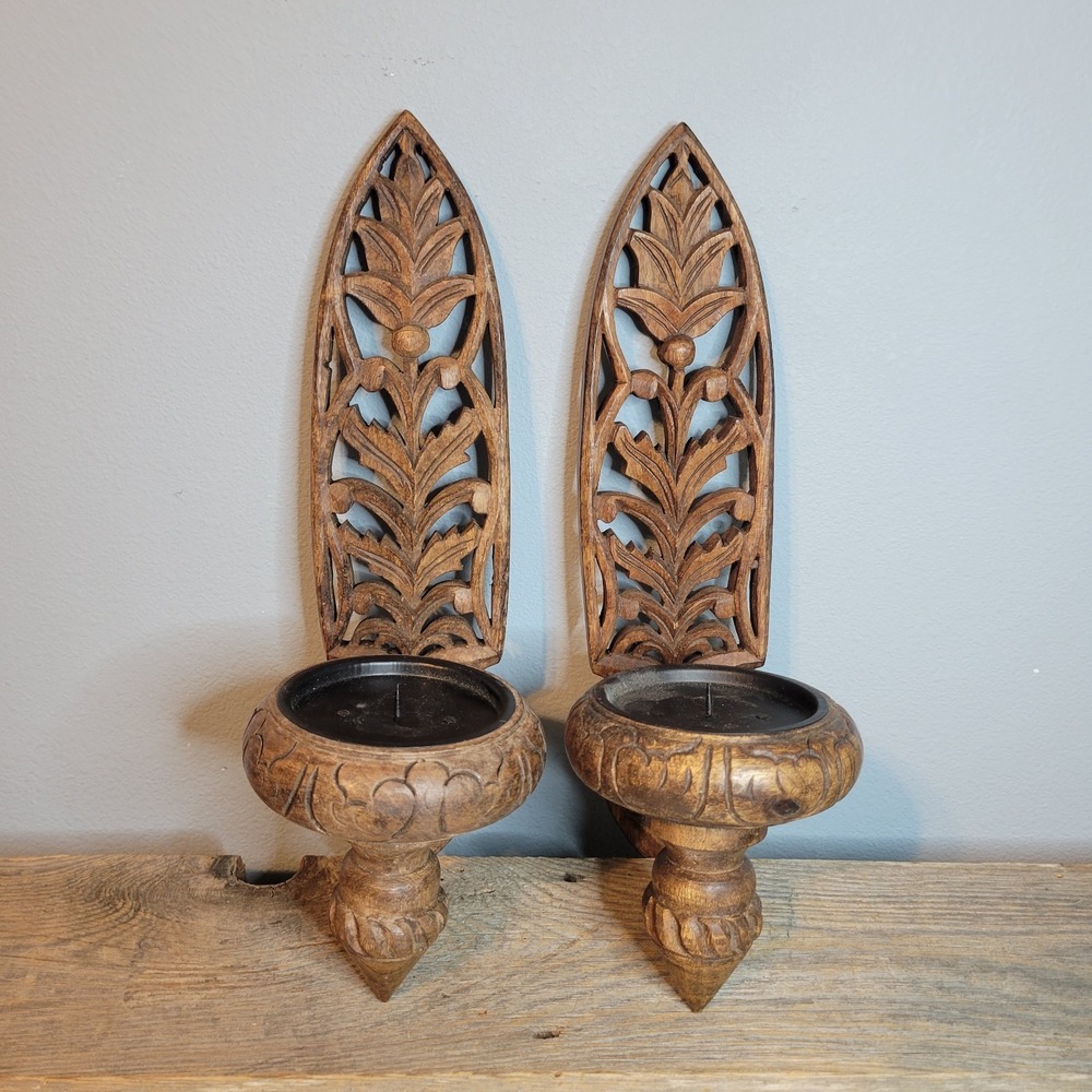 Vintage Pier 1 Carved Wooden 14" Candle Sconces Dark Finish Beach Boho